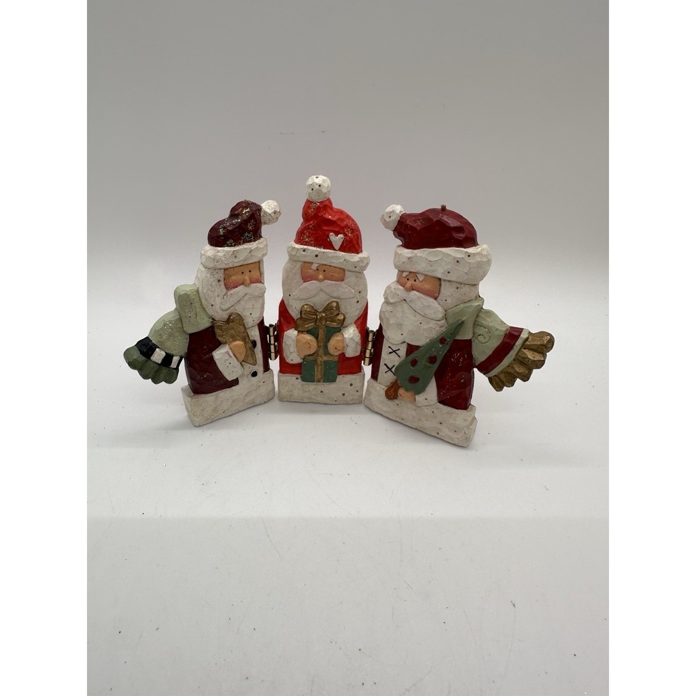 Vintage 3 Santa Hinged Wood Decoration Carved Folk Art Christmas Figurine